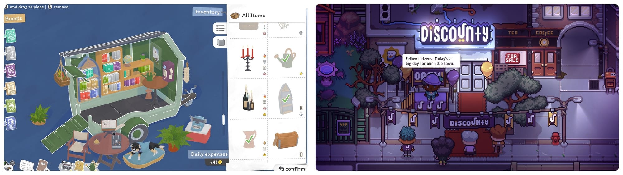 Run your cozy second-hand bookshop while getting to know the locals — “Tiny Bookshop” // Selling more frozen fries will surely heal this broken community...right? — “Discounty”